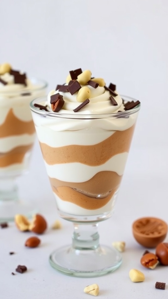 A keto peanut butter whipped cream parfait layered in a glass, topped with chocolate shavings and nuts.